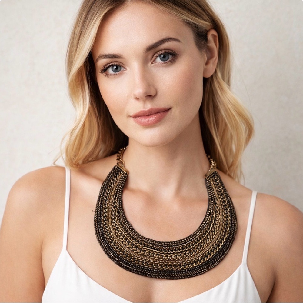 Gold Tone Layered Chain Collar Necklace Choker | Bold Bib Necklace Vintage Style